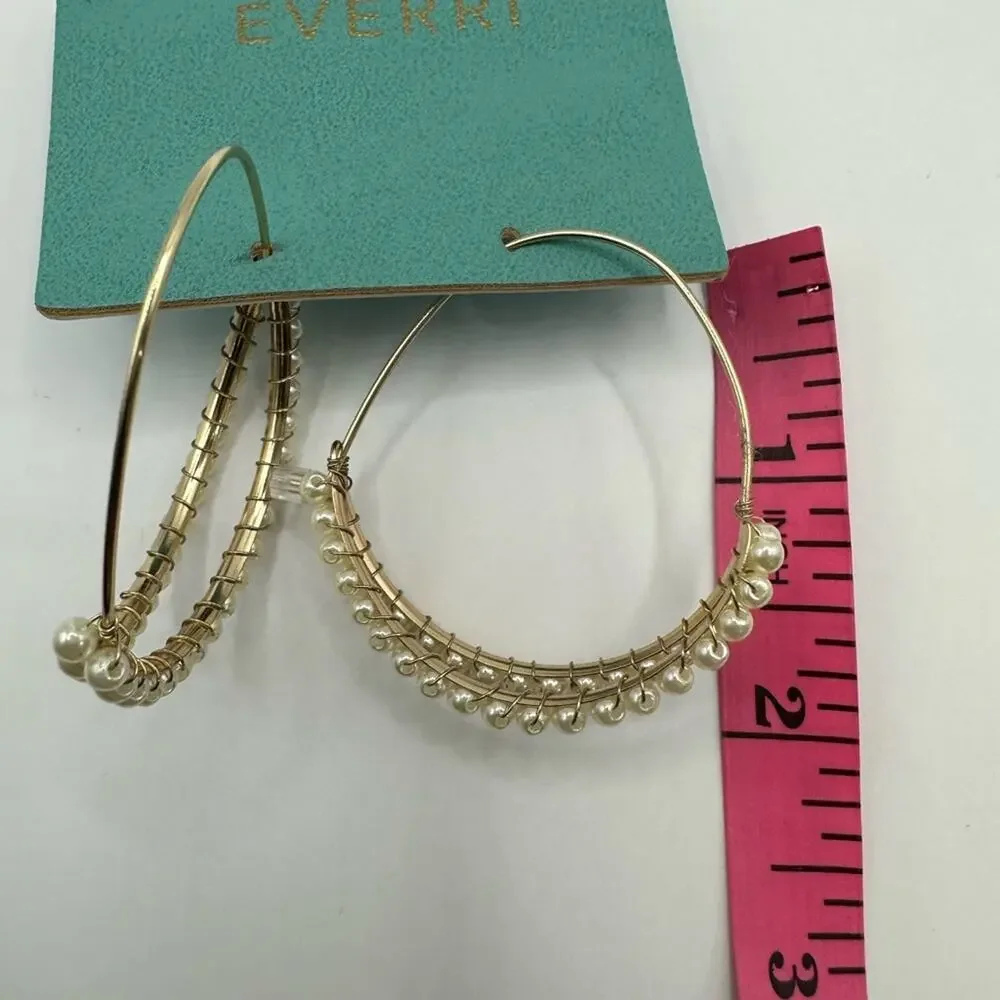 Everri Statement Pearl Gold tone Drop Hoop Earrings NWT